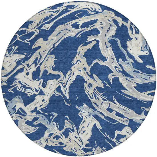 8' Navy Blue Gray And Ivory Round Abstract Washable Indoor Outdoor Area Rug Photo 2