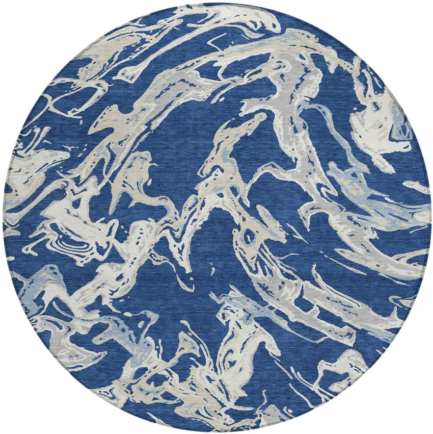 8' Navy Blue Gray And Ivory Round Abstract Washable Indoor Outdoor Area Rug Photo 2