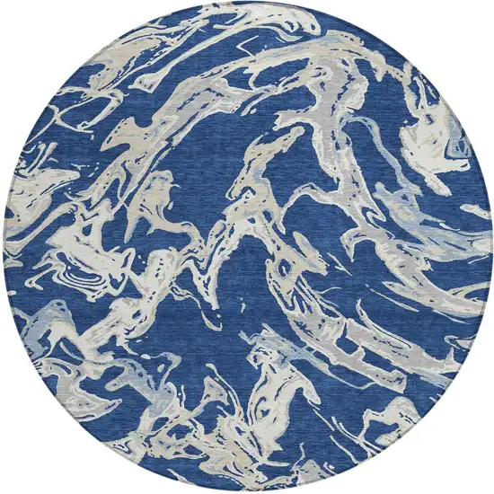8' Navy Blue Gray And Ivory Round Abstract Washable Indoor Outdoor Area Rug Photo 5