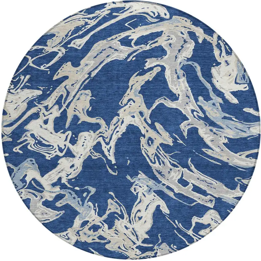 8' Navy Blue Gray And Ivory Round Abstract Washable Indoor Outdoor Area Rug Photo 5