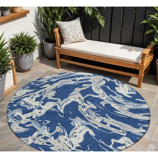 8' Navy Blue Gray And Ivory Round Abstract Washable Indoor Outdoor Area Rug Photo 1