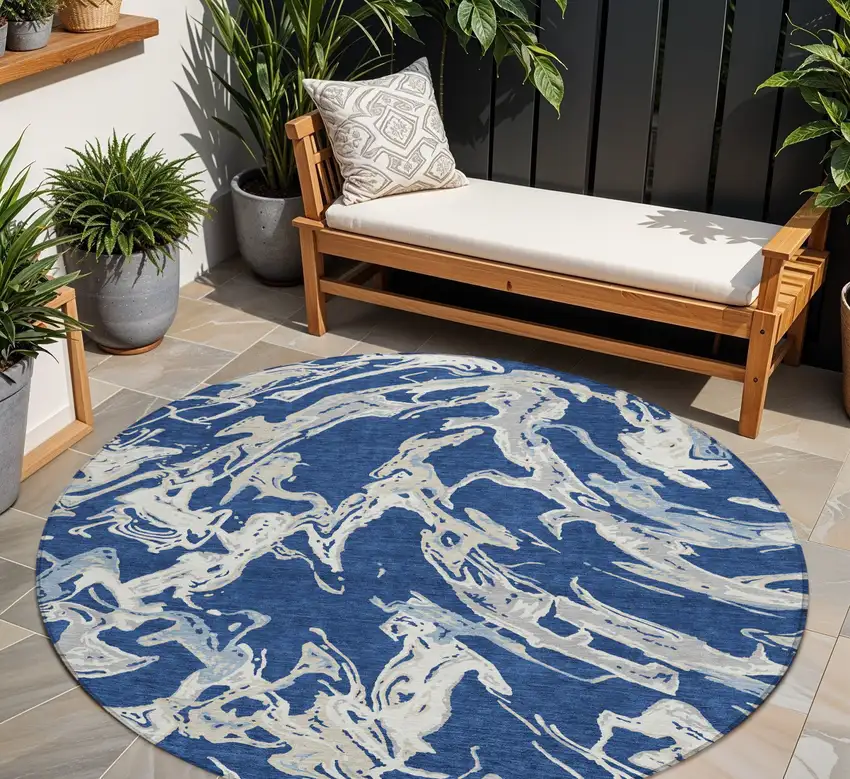 8' Navy Blue Gray And Ivory Round Abstract Washable Indoor Outdoor Area Rug Photo 1