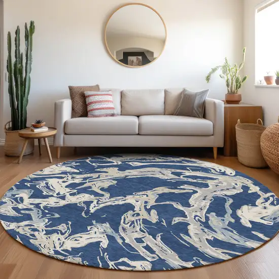 8' Navy Blue Gray And Ivory Round Abstract Washable Indoor Outdoor Area Rug Photo 7