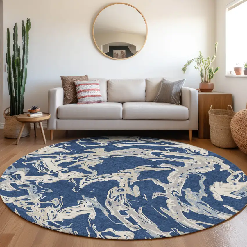 8' Navy Blue Gray And Ivory Round Abstract Washable Indoor Outdoor Area Rug Photo 7