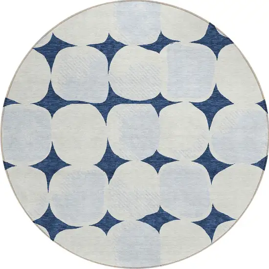 8' Navy Blue Gray And Ivory Round Abstract Washable Indoor Outdoor Area Rug Photo 6