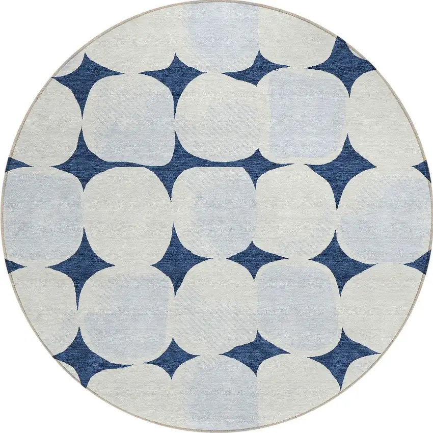 8' Navy Blue Gray And Ivory Round Abstract Washable Indoor Outdoor Area Rug Photo 6