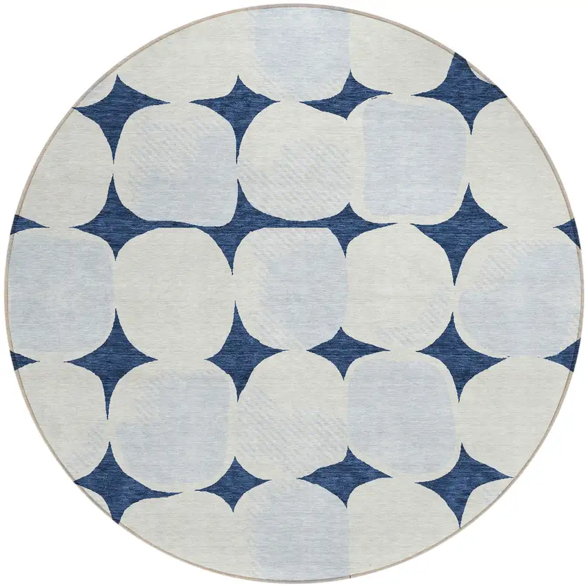 8' Navy Blue Gray And Ivory Round Abstract Washable Indoor Outdoor Area Rug Photo 2