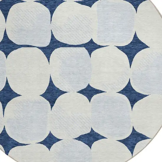 8' Navy Blue Gray And Ivory Round Abstract Washable Indoor Outdoor Area Rug Photo 4