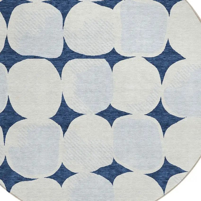 8' Navy Blue Gray And Ivory Round Abstract Washable Indoor Outdoor Area Rug Photo 4