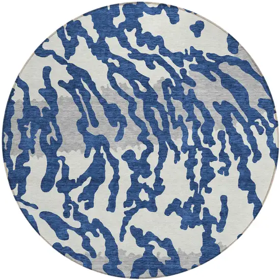 8' Navy Blue Gray And Ivory Round Animal Print Washable Indoor Outdoor Area Rug Photo 2