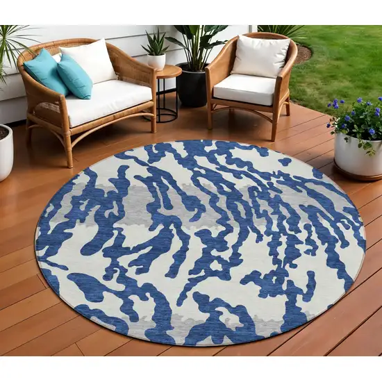 8' Navy Blue Gray And Ivory Round Animal Print Washable Indoor Outdoor Area Rug Photo 1