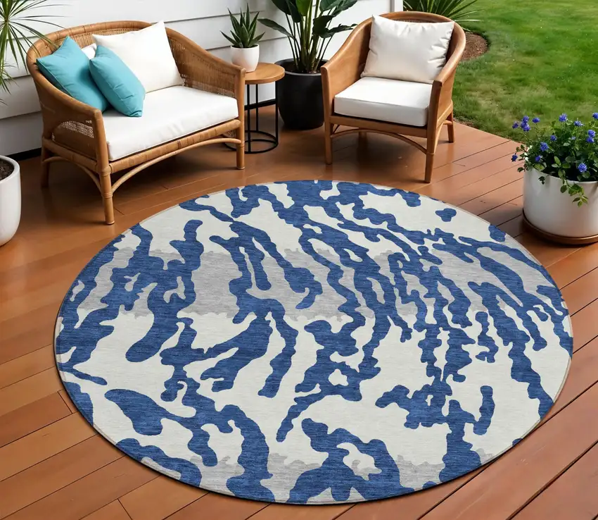 8' Navy Blue Gray And Ivory Round Animal Print Washable Indoor Outdoor Area Rug Photo 1