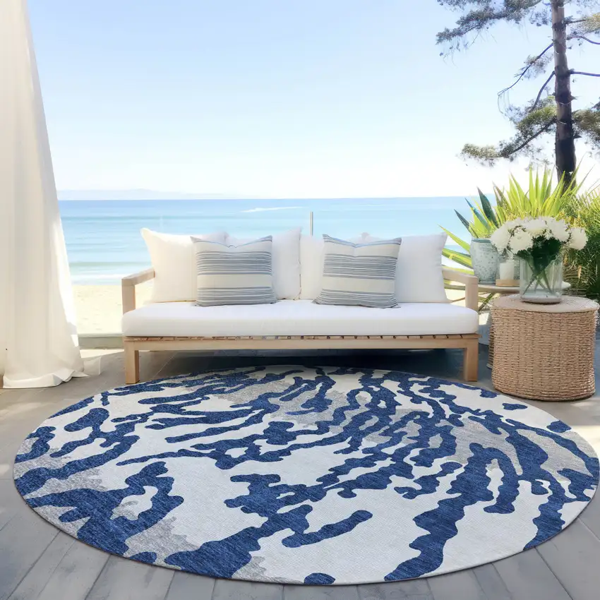 8' Navy Blue Gray And Ivory Round Animal Print Washable Indoor Outdoor Area Rug Photo 6