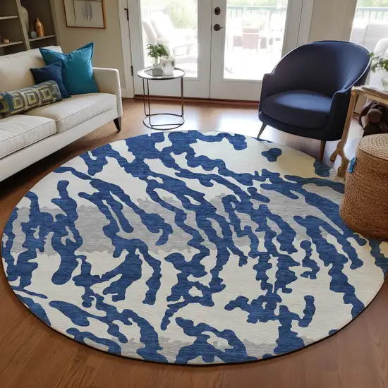 8' Navy Blue Gray And Ivory Round Animal Print Washable Indoor Outdoor Area Rug Photo 7