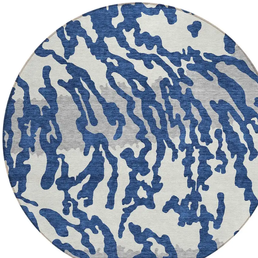 8' Navy Blue Gray And Ivory Round Animal Print Washable Indoor Outdoor Area Rug Photo 5