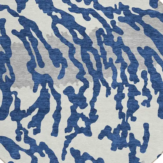 8' Navy Blue Gray And Ivory Round Animal Print Washable Indoor Outdoor Area Rug Photo 4