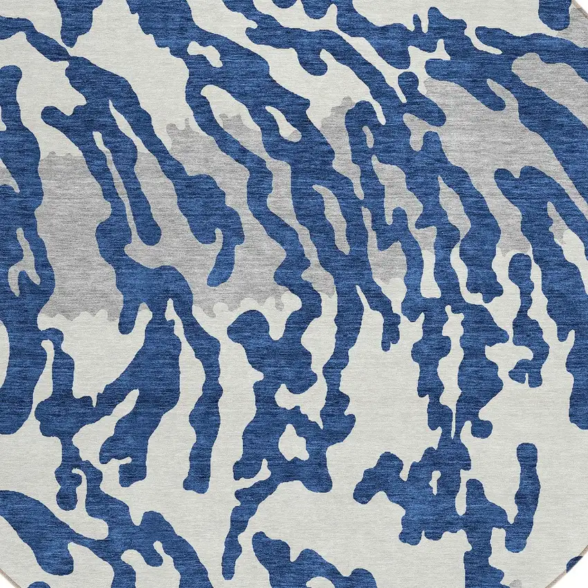 8' Navy Blue Gray And Ivory Round Animal Print Washable Indoor Outdoor Area Rug Photo 4
