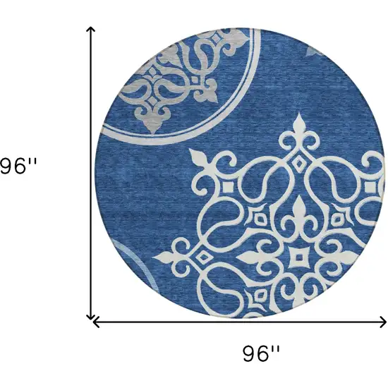 8' Navy Blue Gray And Ivory Round Floral Medallion Washable Indoor Outdoor Area Rug Photo 3