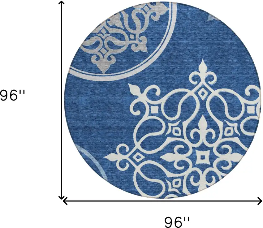 8' Navy Blue Gray And Ivory Round Floral Medallion Washable Indoor Outdoor Area Rug Photo 3