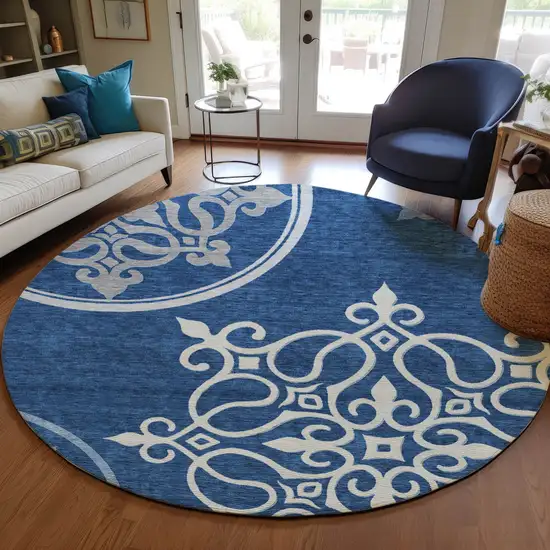8' Navy Blue Gray And Ivory Round Floral Medallion Washable Indoor Outdoor Area Rug Photo 7