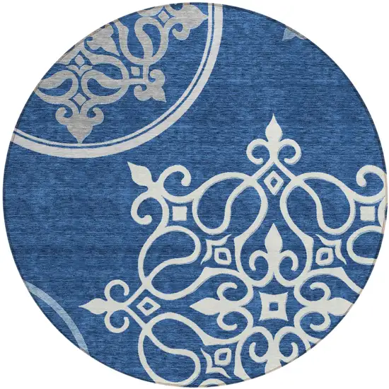 8' Navy Blue Gray And Ivory Round Floral Medallion Washable Indoor Outdoor Area Rug Photo 2