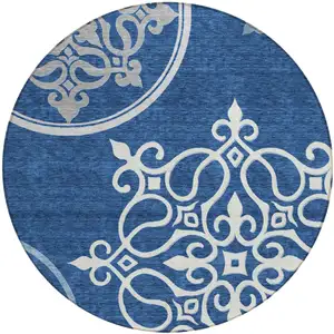 Photo of 8' Navy Blue Gray And Ivory Round Floral Medallion Washable Indoor Outdoor Area Rug