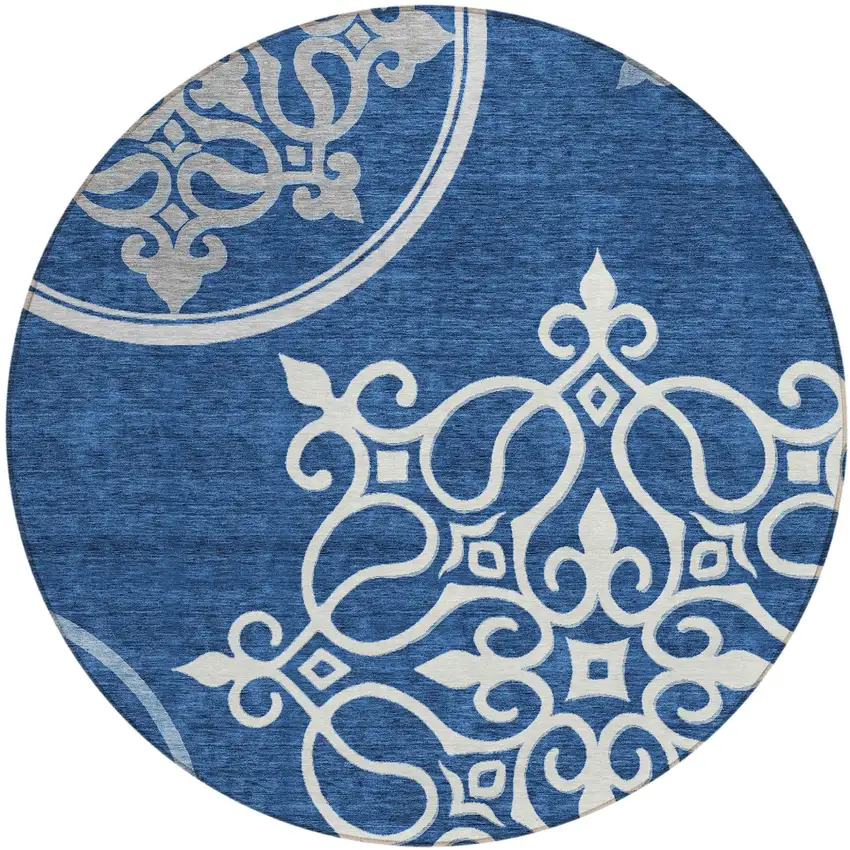 8' Navy Blue Gray And Ivory Round Floral Medallion Washable Indoor Outdoor Area Rug Photo 2