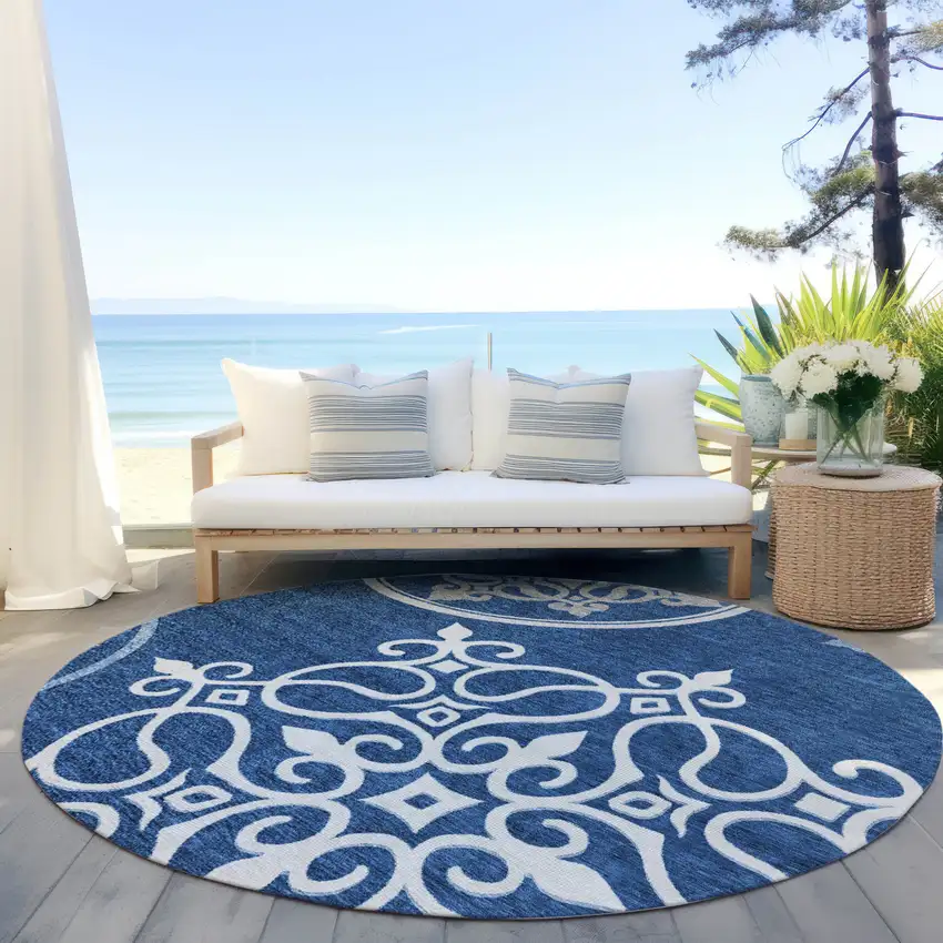 8' Navy Blue Gray And Ivory Round Floral Medallion Washable Indoor Outdoor Area Rug Photo 6