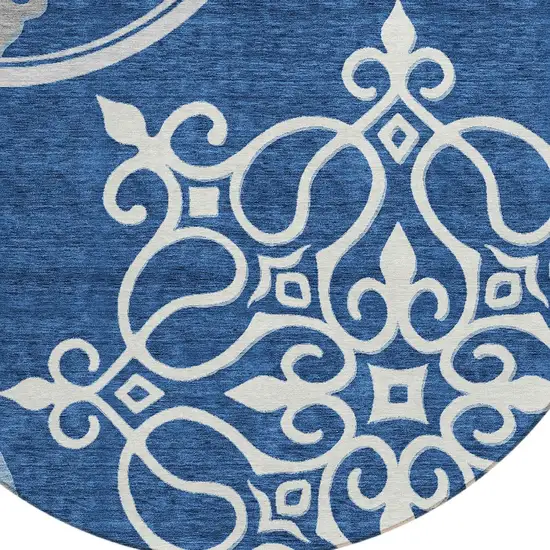 8' Navy Blue Gray And Ivory Round Floral Medallion Washable Indoor Outdoor Area Rug Photo 5