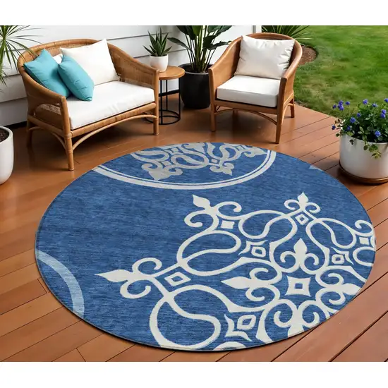 8' Navy Blue Gray And Ivory Round Floral Medallion Washable Indoor Outdoor Area Rug Photo 1