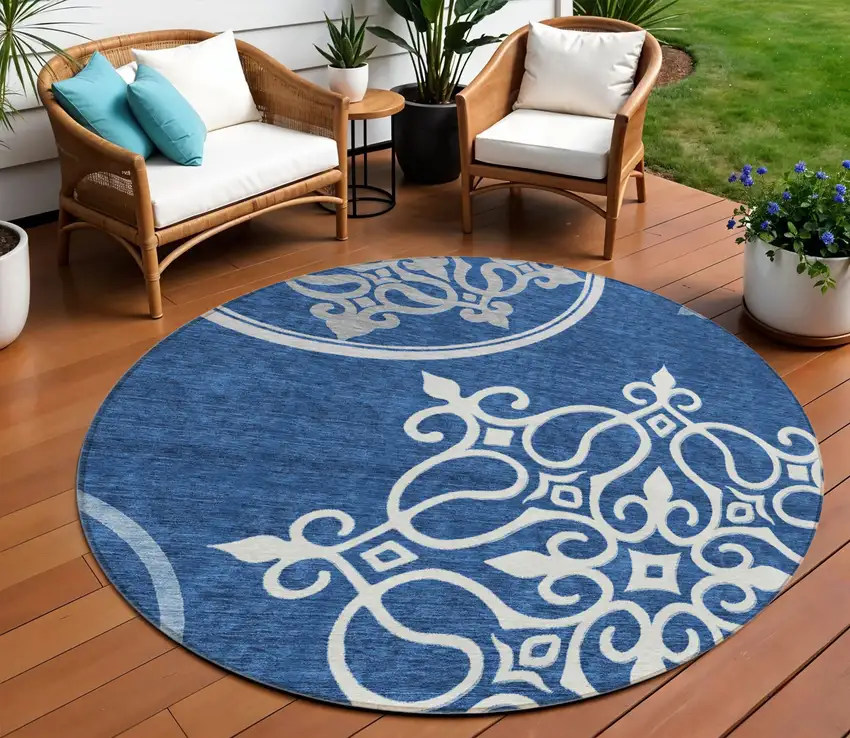 8' Navy Blue Gray And Ivory Round Floral Medallion Washable Indoor Outdoor Area Rug Photo 1