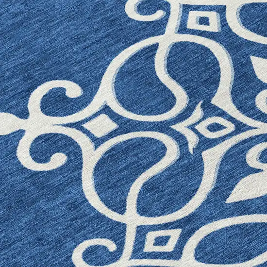 8' Navy Blue Gray And Ivory Round Floral Medallion Washable Indoor Outdoor Area Rug Photo 8
