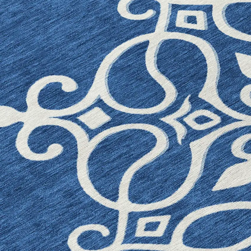 8' Navy Blue Gray And Ivory Round Floral Medallion Washable Indoor Outdoor Area Rug Photo 8