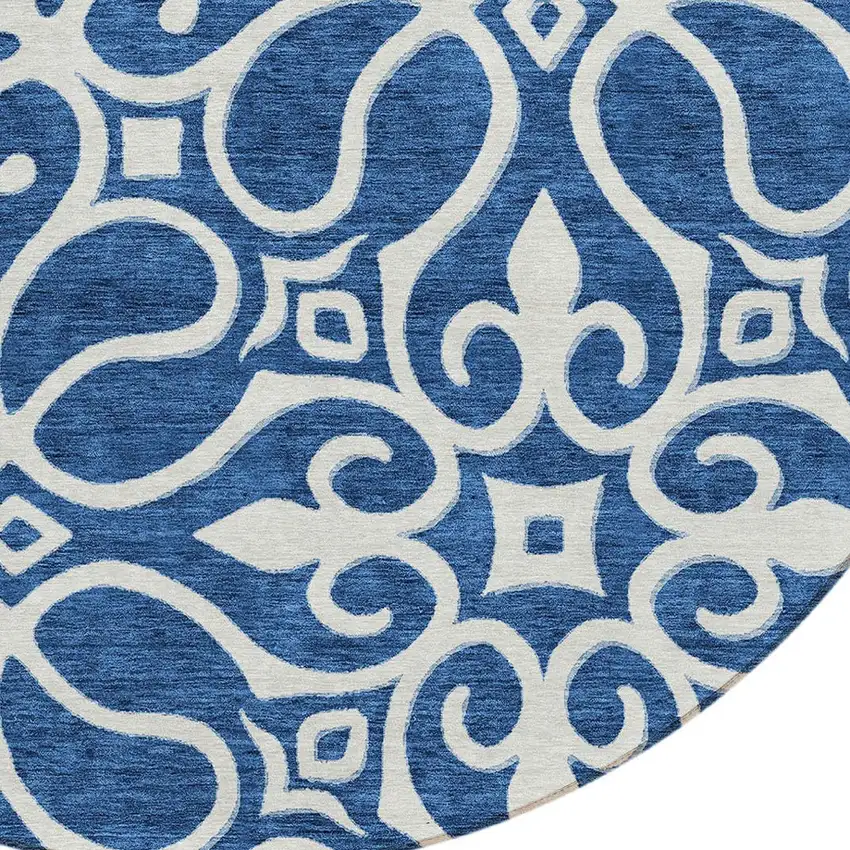 8' Navy Blue Gray And Ivory Round Floral Medallion Washable Indoor Outdoor Area Rug Photo 4