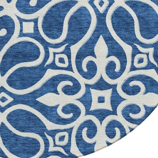 8' Navy Blue Gray And Ivory Round Floral Medallion Washable Indoor Outdoor Area Rug Photo 4