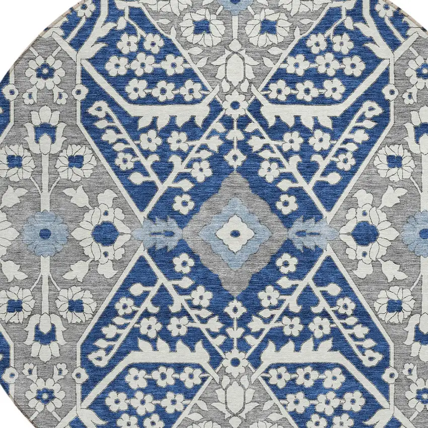 8' Navy Blue Gray And Ivory Round Floral Washable Indoor Outdoor Area Rug Photo 4