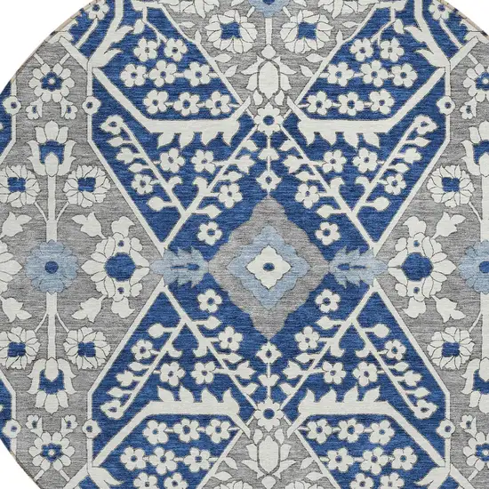 8' Navy Blue Gray And Ivory Round Floral Washable Indoor Outdoor Area Rug Photo 4