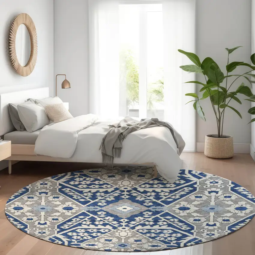 8' Navy Blue Gray And Ivory Round Floral Washable Indoor Outdoor Area Rug Photo 8