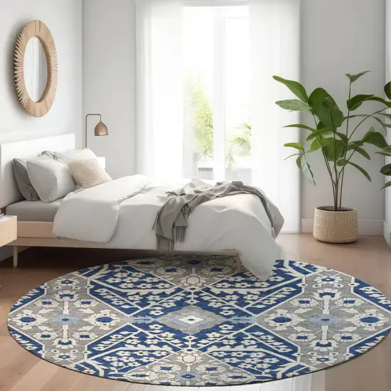 8' Navy Blue Gray And Ivory Round Floral Washable Indoor Outdoor Area Rug Photo 8