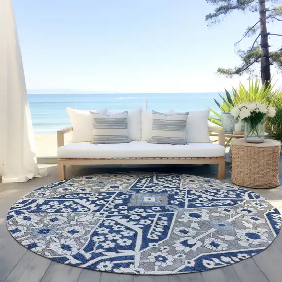 8' Navy Blue Gray And Ivory Round Floral Washable Indoor Outdoor Area Rug Photo 7