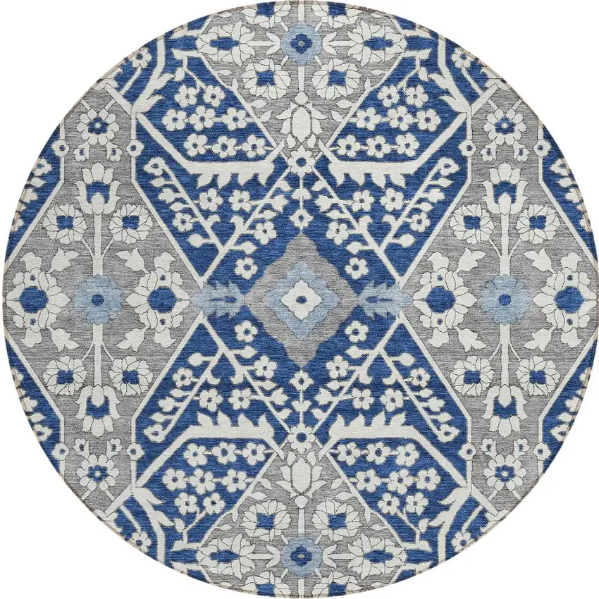 8' Navy Blue Gray And Ivory Round Floral Washable Indoor Outdoor Area Rug Photo 6