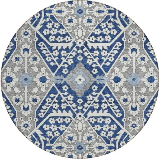 8' Navy Blue Gray And Ivory Round Floral Washable Indoor Outdoor Area Rug Photo 6