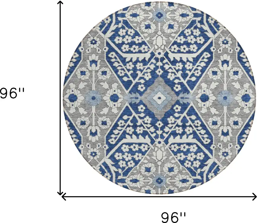 8' Navy Blue Gray And Ivory Round Floral Washable Indoor Outdoor Area Rug Photo 3