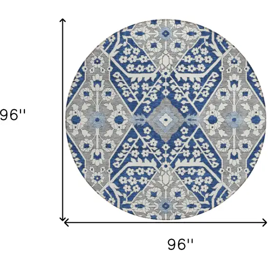 8' Navy Blue Gray And Ivory Round Floral Washable Indoor Outdoor Area Rug Photo 3