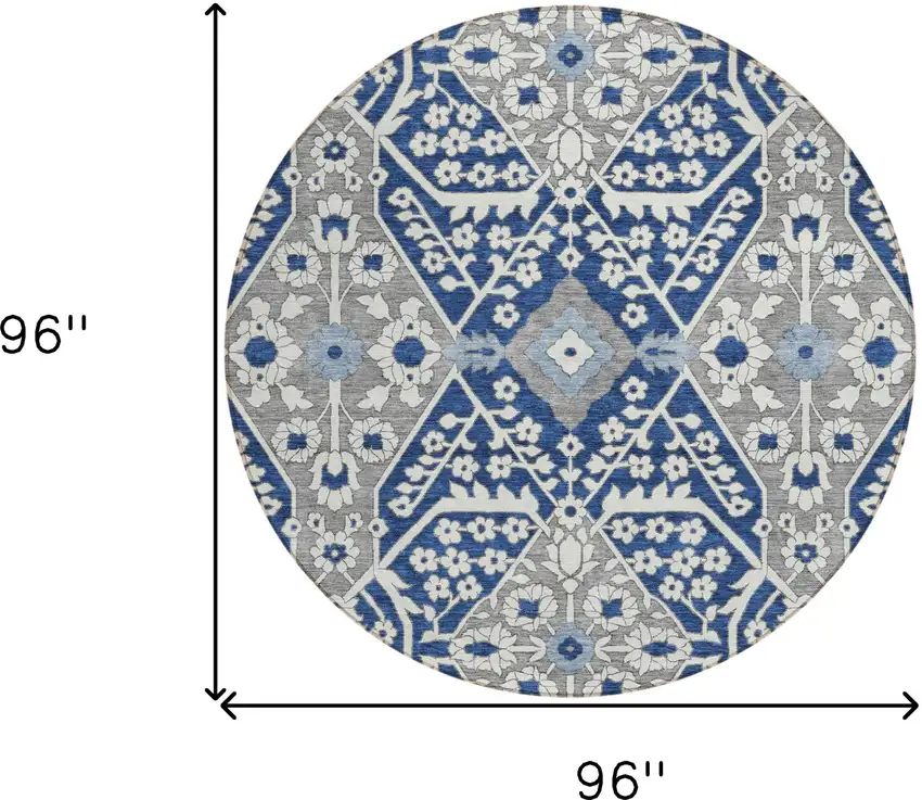 8' Navy Blue Gray And Ivory Round Floral Washable Indoor Outdoor Area Rug Photo 3
