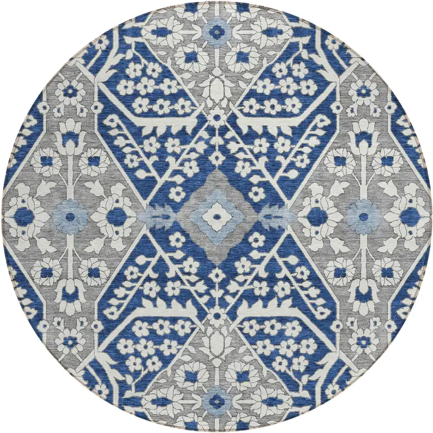8' Navy Blue Gray And Ivory Round Floral Washable Indoor Outdoor Area Rug Photo 2