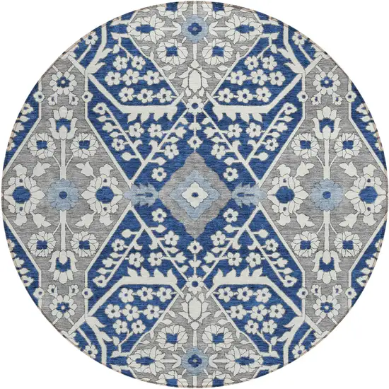 8' Navy Blue Gray And Ivory Round Floral Washable Indoor Outdoor Area Rug Photo 2