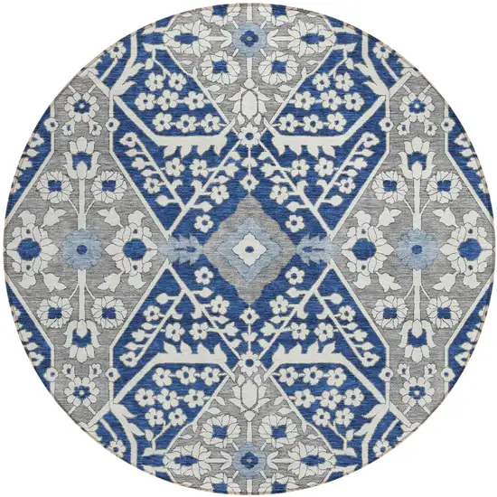 8' Navy Blue Gray And Ivory Round Floral Washable Indoor Outdoor Area Rug Photo 2