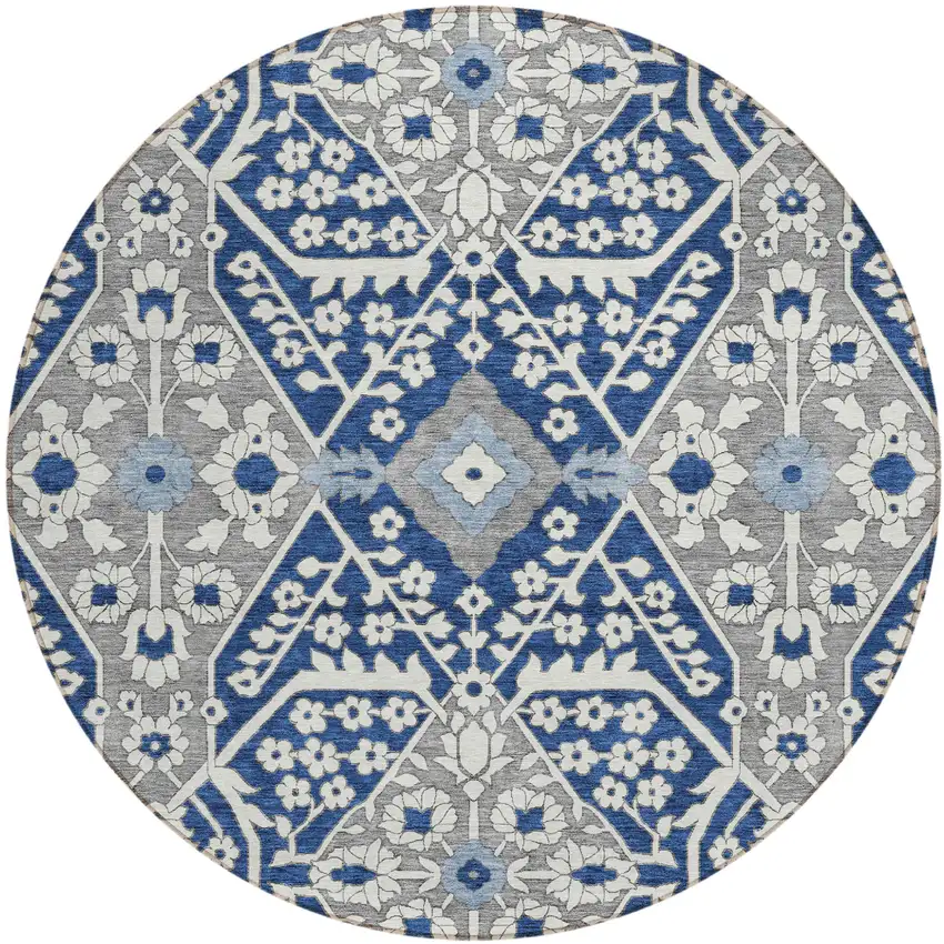 8' Navy Blue Gray And Ivory Round Floral Washable Indoor Outdoor Area Rug Photo 2