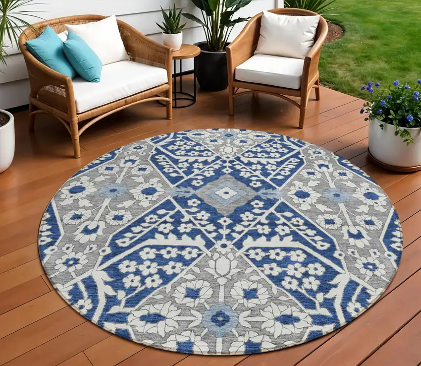 8' Navy Blue Gray And Ivory Round Floral Washable Indoor Outdoor Area Rug Photo 1